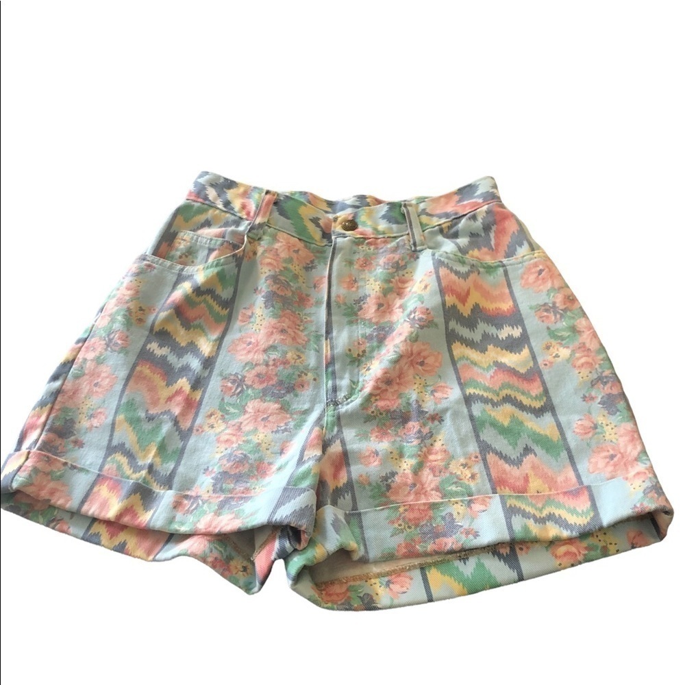 VTG Stuffed Shirt Printed Pastel Denim High Waisted Shorts Retro 80’s Summer 7/8